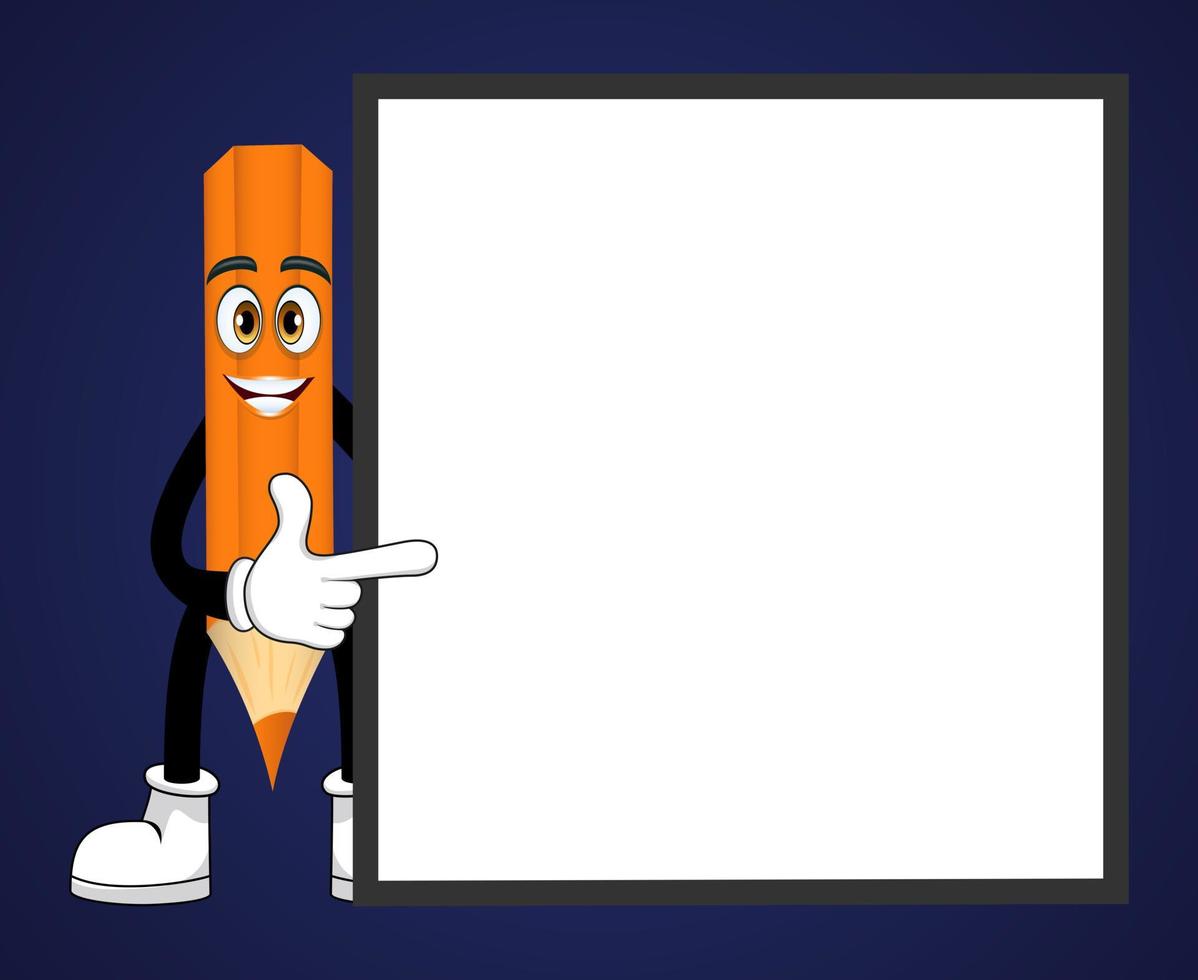 Cute beautiful mascot pencil character standing and pointing to blank placard isolated vector