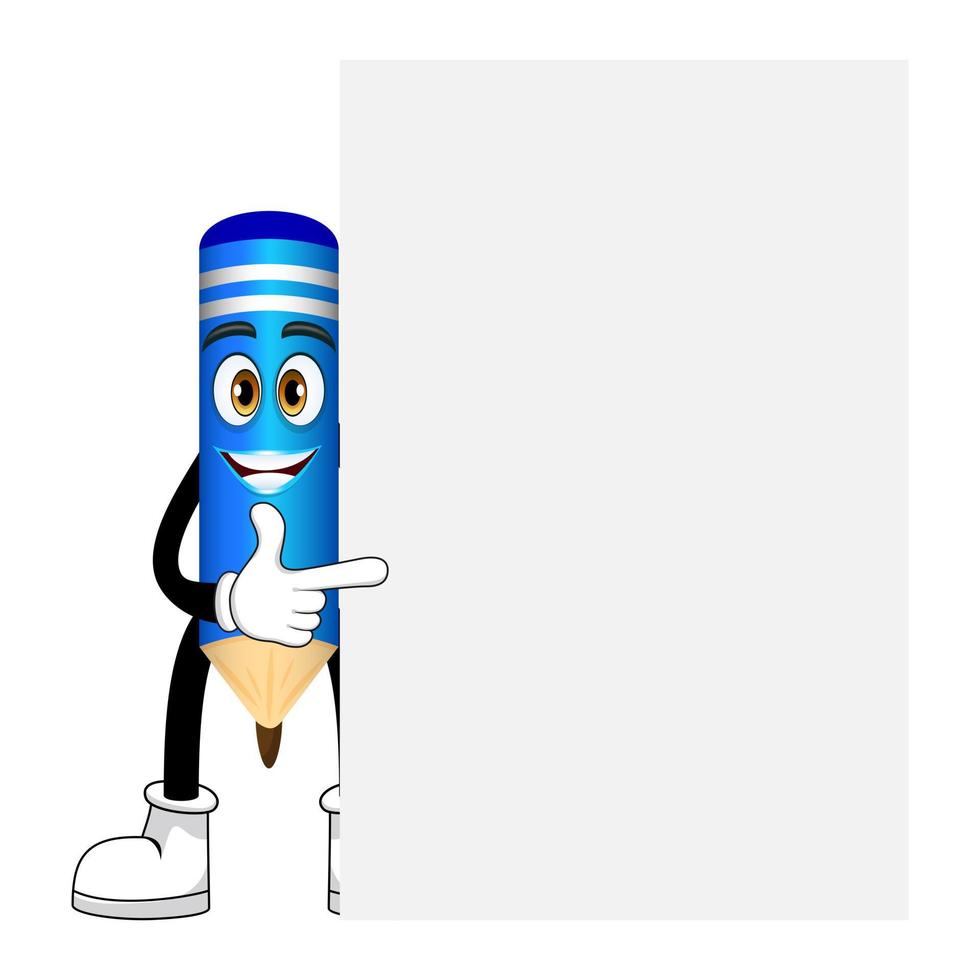 Happy cute mascot pencil character standing behind and pointing  to blank placard together with cheerful facial expression isolated vector