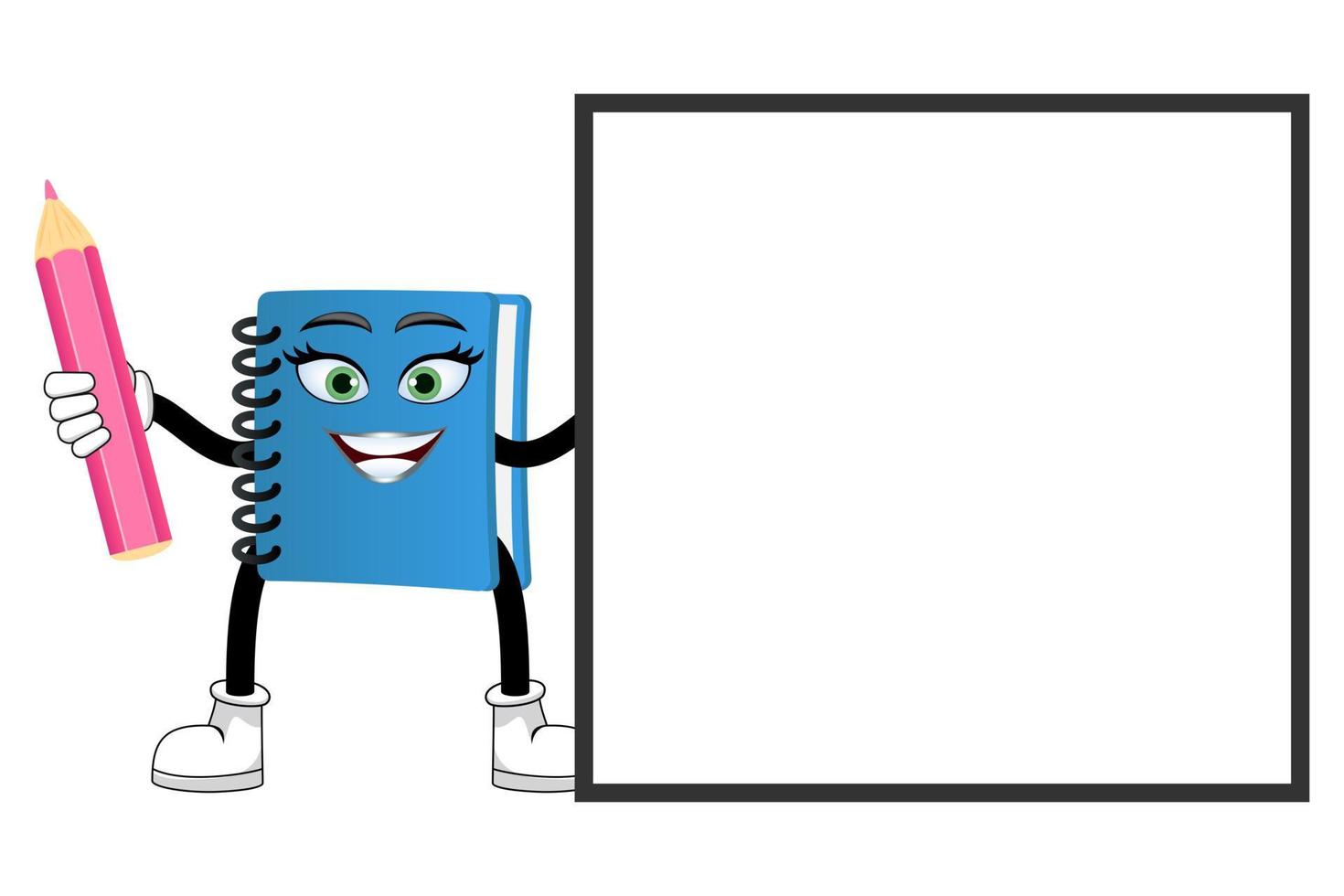 Happy cute mascot notepad character standing holding pencil and blank placard board with cheerful facial expression vector
