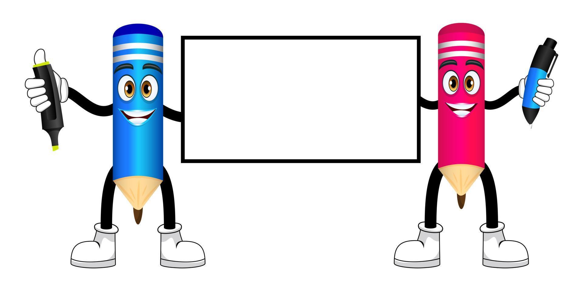 Lindos y hermosos personajes de lápiz mascota de pie y sosteniendo un cartel en blanco y un bolígrafo juntos aislados vector