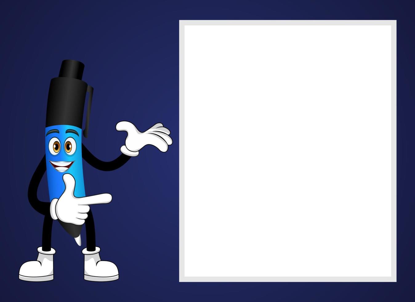 Personaje de la pluma de la mascota de pie y apuntando al cartel en blanco aislado con expresión alegre sobre fondo blanco. vector