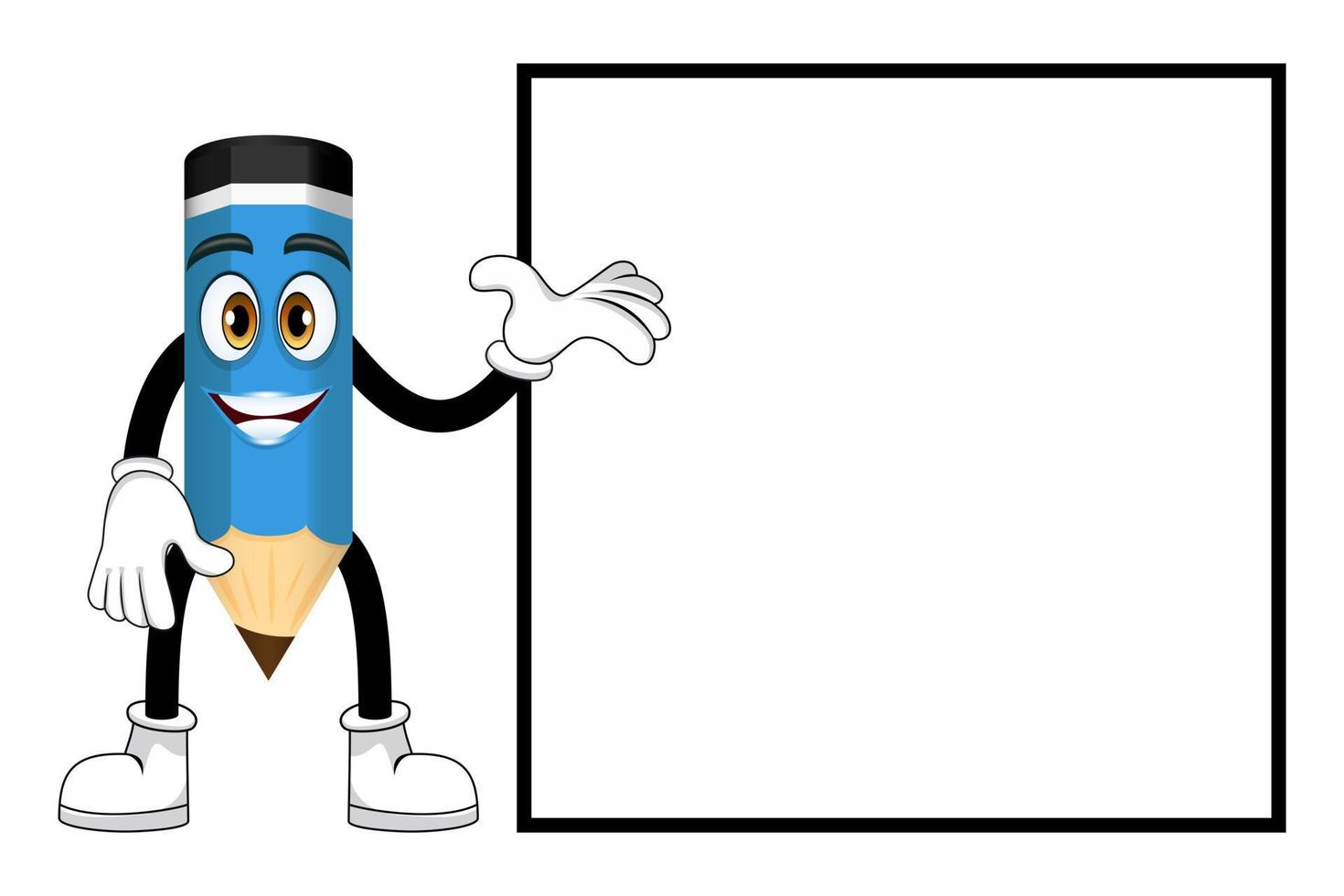 Happy cute mascot pencil character standing pointing to blank placard with cheerful facial expression isolated vector