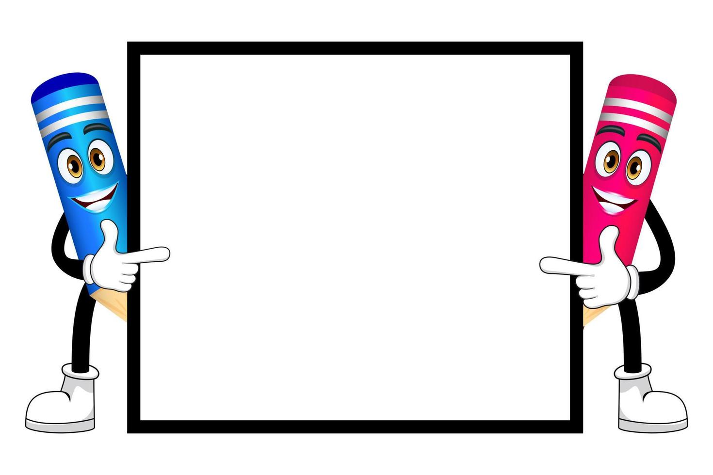 Happy cute mascot pencil characters standing behind and pointing to blank placard together with cheerful facial expression isolated vector