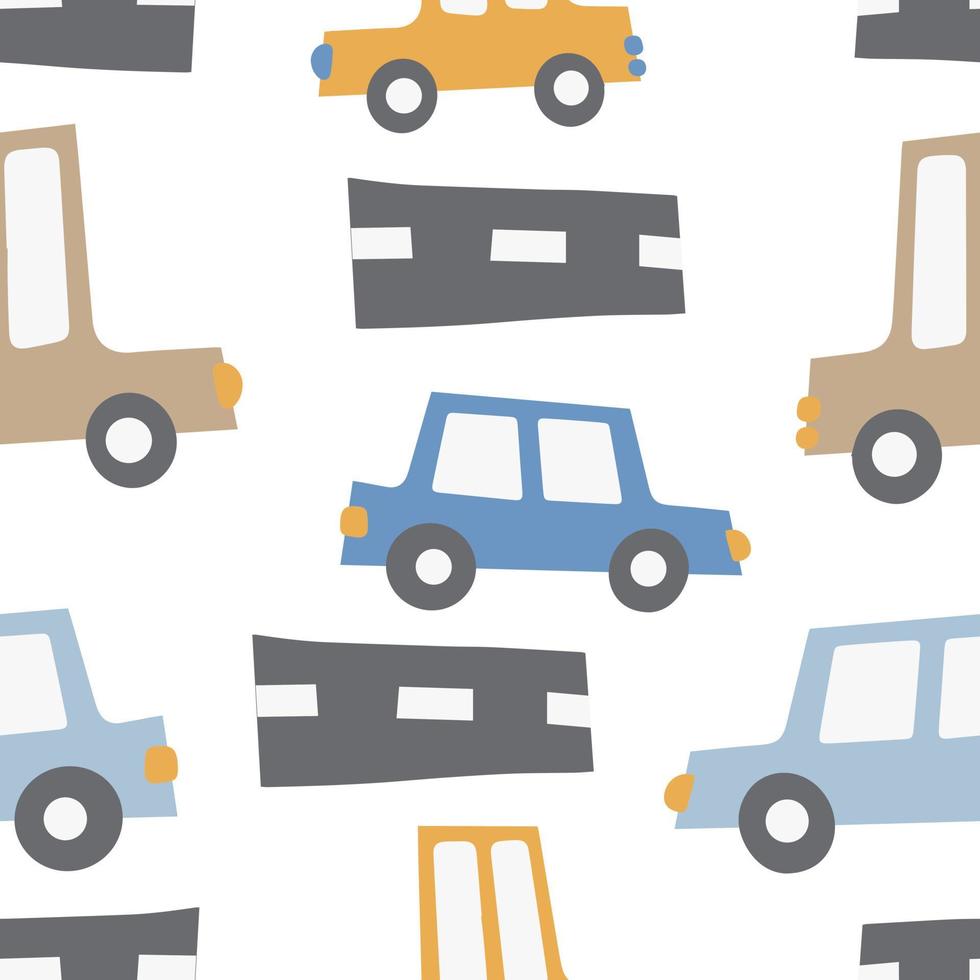 Children's pattern with cars. Cars. Transport. Road. Vector hand-drawn color seamless repeating children simple pattern with cars, in Scandinavian style road on a white background.