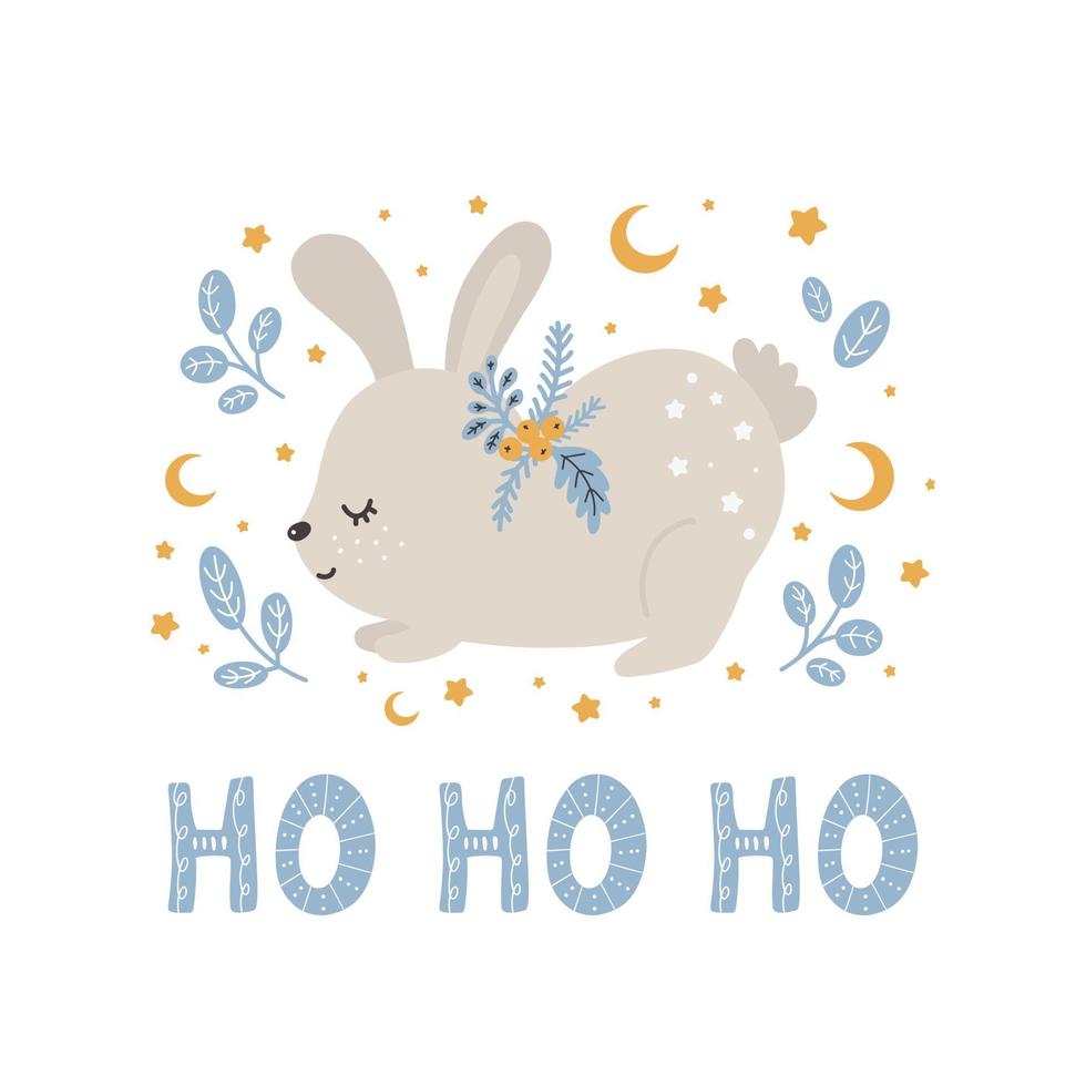 feliz navidad y año nuevo lindo conejo animal en estilo escandinavo con letras - ho ho ho. animal de dibujos animados lindo estampado vector