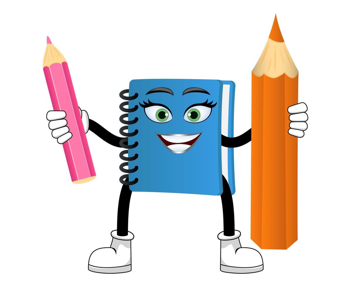 Happy cute mascot notepad character standing holding pencils with cheerful facial expression vector
