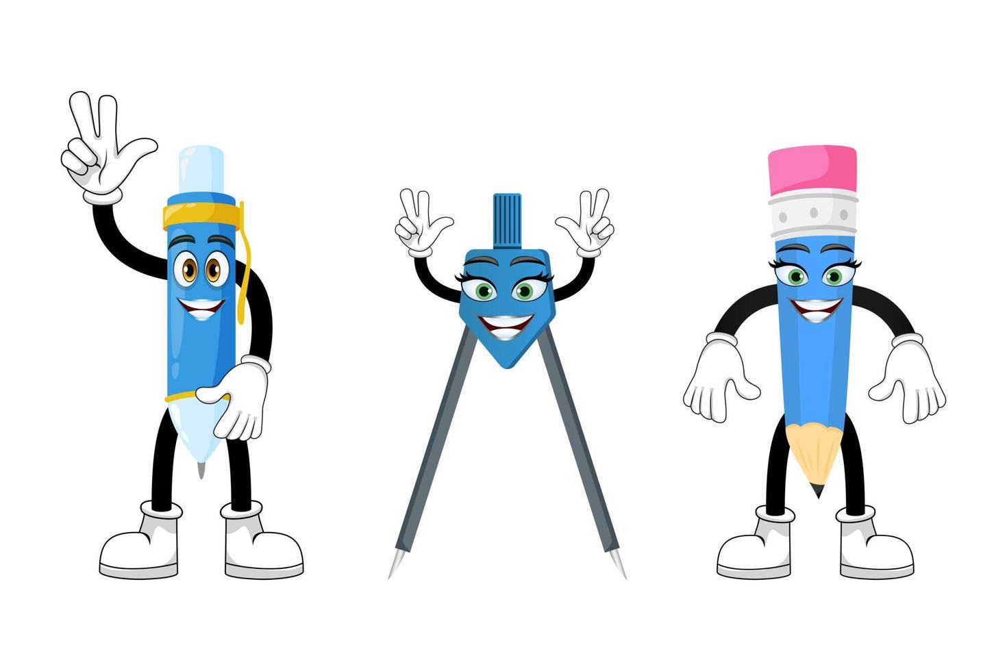 Cute mascot pen pencil geometric compass characters standing together and waving with cheerful expression vector