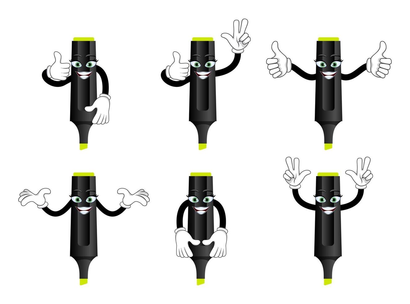 Mascot marker pen character standing together and doing different actions waving vector