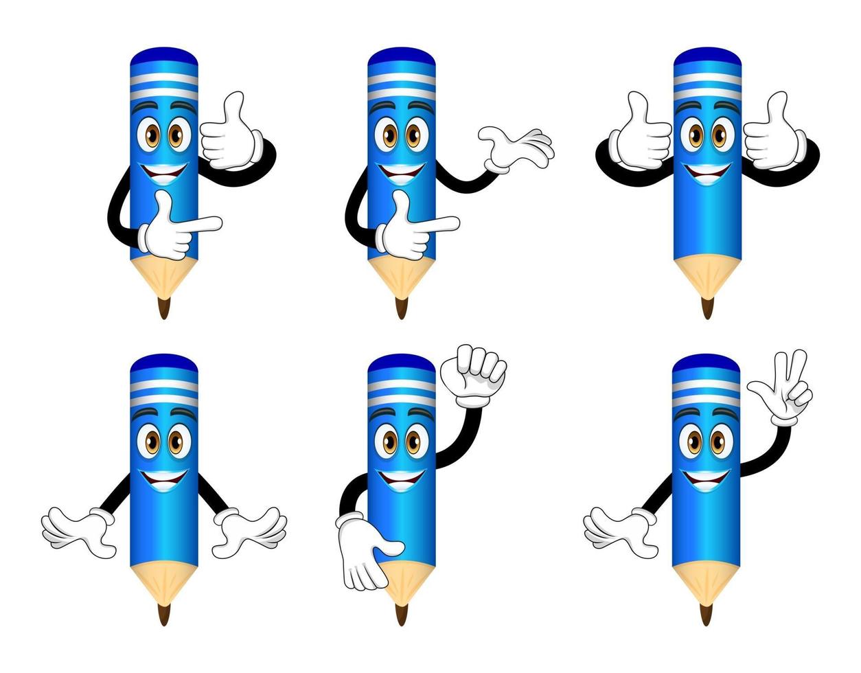 Mascot pencil characters standing and doing different actions waving pointing vector