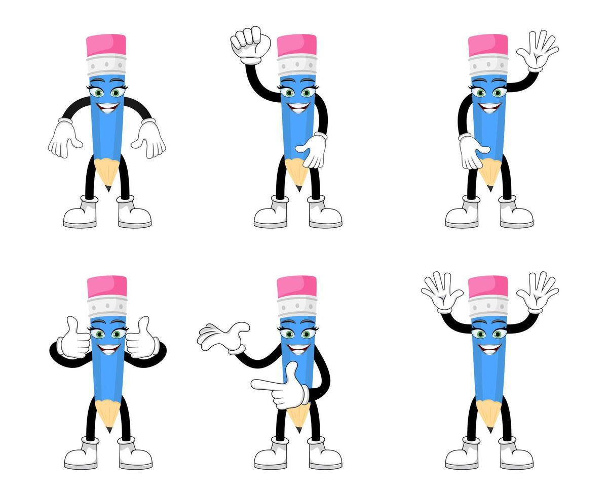 Beautiful happy mascot pencil character standing and doing different actions with cheerful expression isolated vector