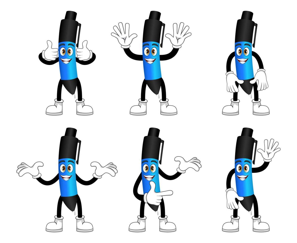 Mascot pen character standing and doing different actions waving posing isolated on white background vector