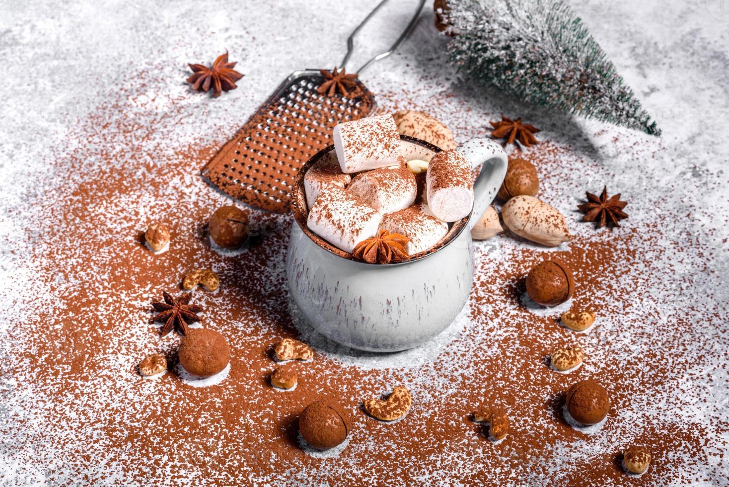 Mug of hot chocolate with white marshmallows photo