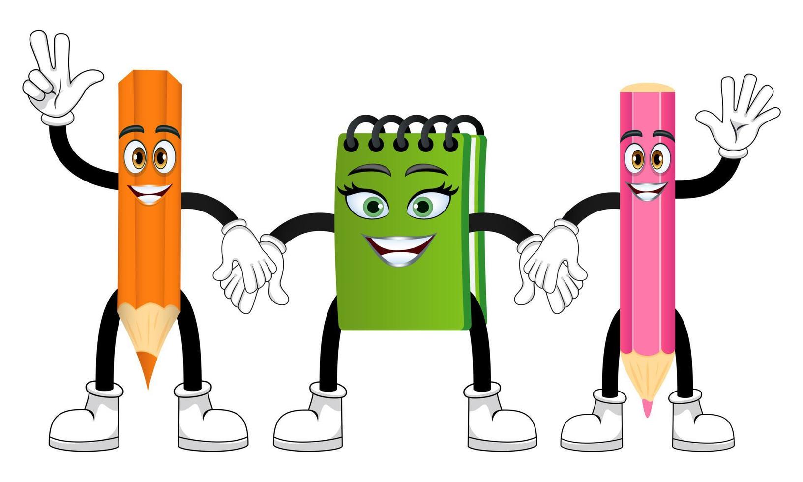 Cute mascot pencil notepad characters standing together and waving with cheerful expression vector