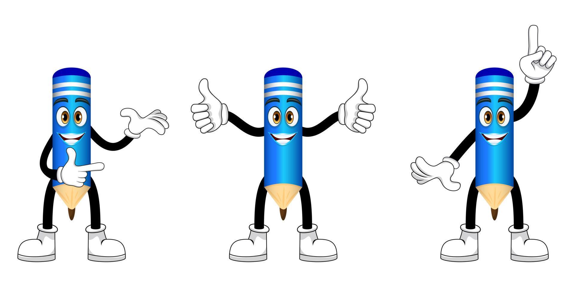 Happy cute mascot pencil character standing and doing different actions waving posing isolated vector