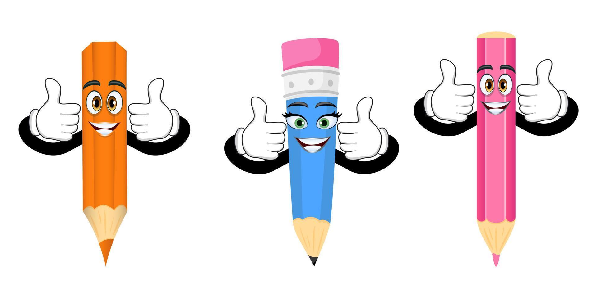 Cute mascot pencil characters standing together and waving with cheerful expression vector