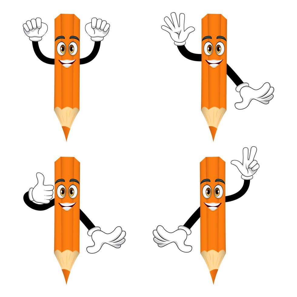 Cute beautiful mascot pencil character standing and doing different actions with cheerful expression isolated vector