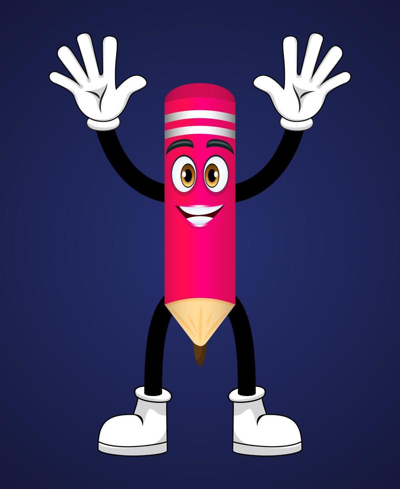 Happy cute mascot pencil character standing waving with high five with cheerful facial expression vector