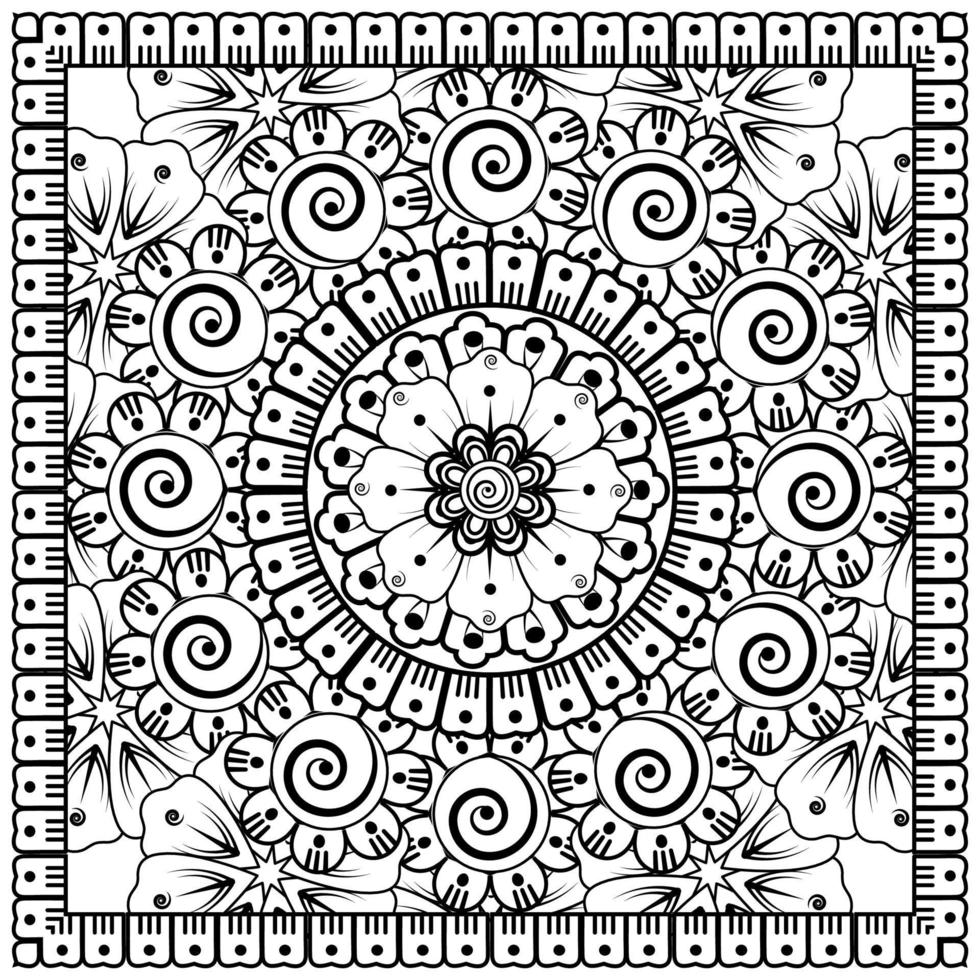 Outline square flower pattern in mehndi style for coloring book page vector