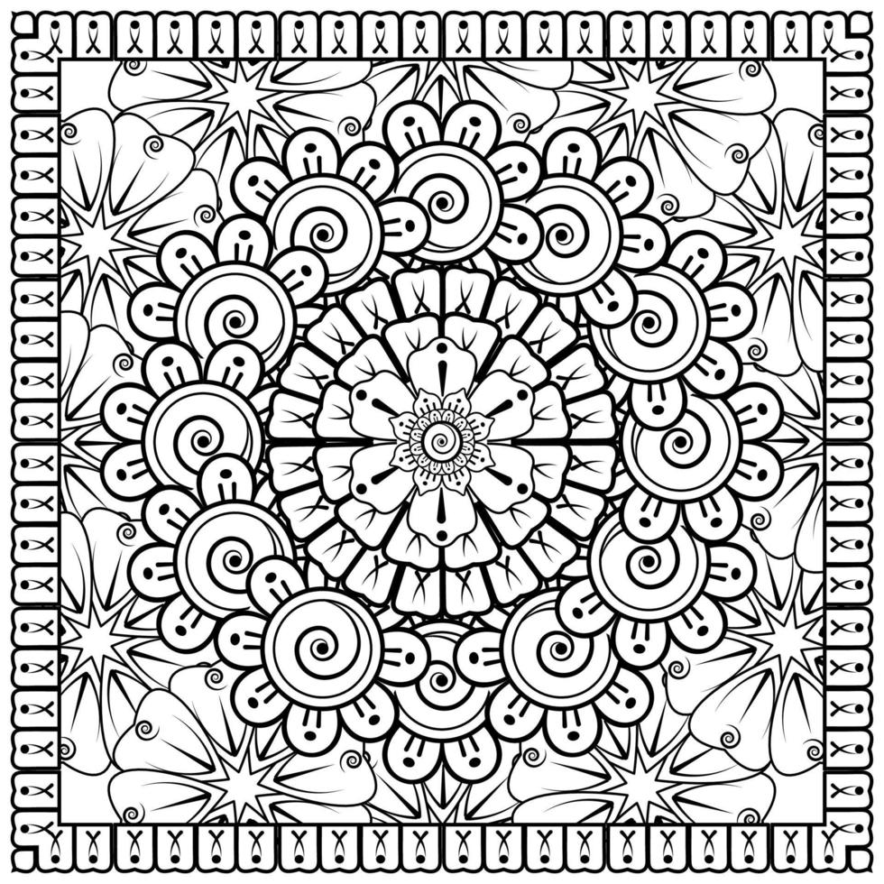 Esquema de patrón de flores cuadradas en estilo mehndi para colorear la página del libro vector