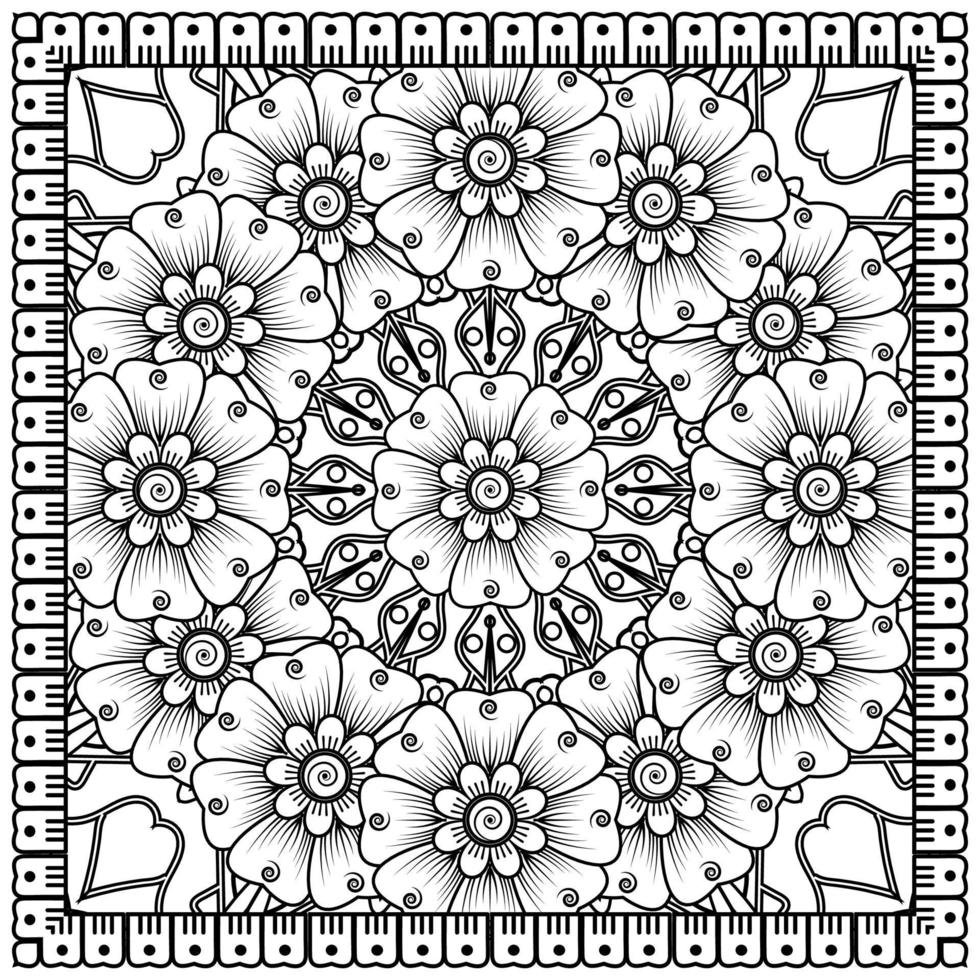 Outline square flower pattern in mehndi style for coloring book page vector