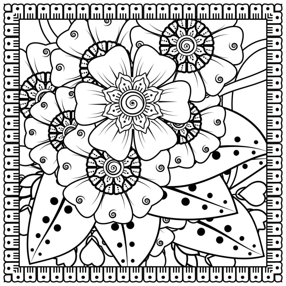 Outline square flower pattern in mehndi style for coloring book page vector