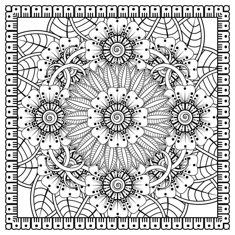 Outline square flower pattern in mehndi style for coloring book page vector