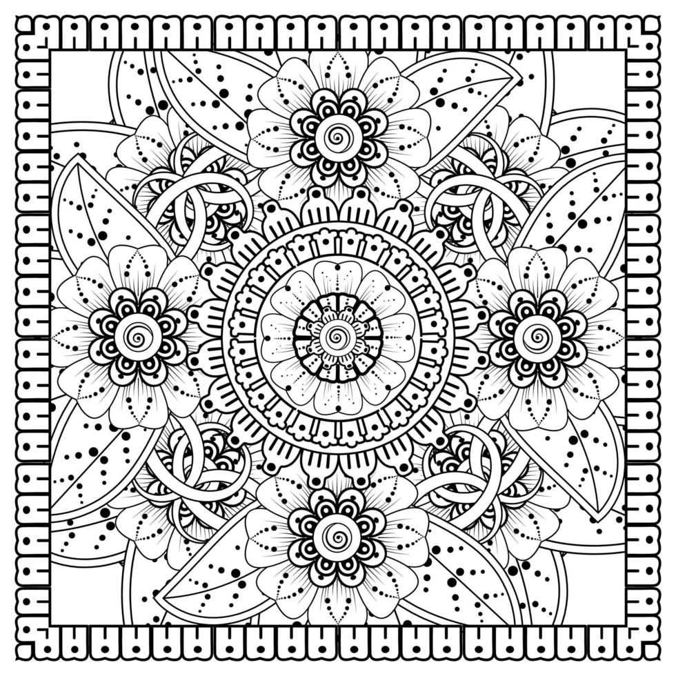 Outline square flower pattern in mehndi style for coloring book page vector