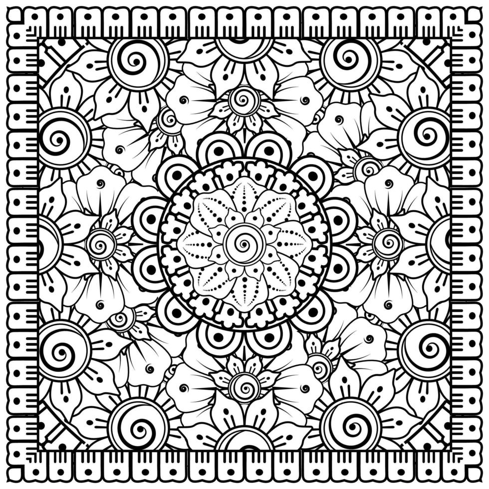 Outline square flower pattern in mehndi style for coloring book page vector