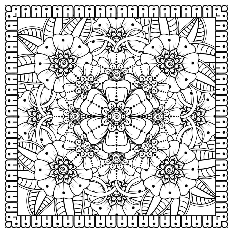 Outline square flower pattern in mehndi style for coloring book page vector