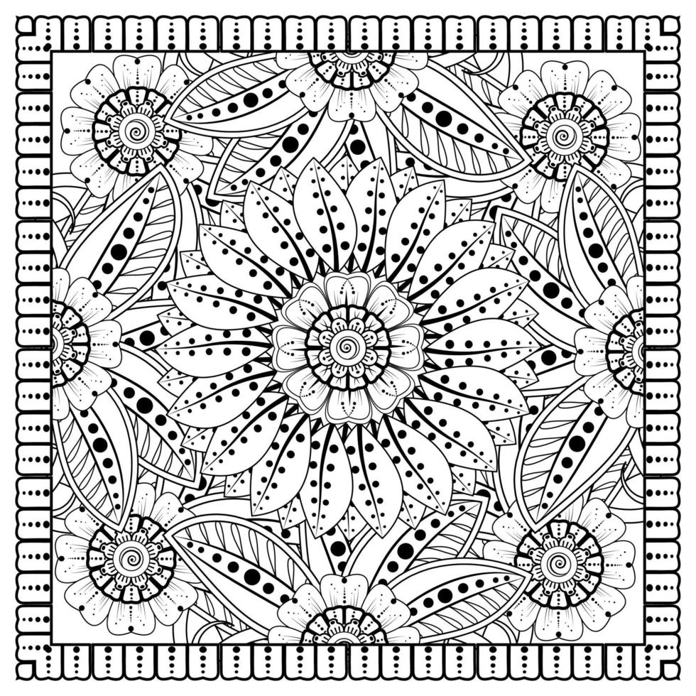 Esquema de patrón de flores cuadradas en estilo mehndi para colorear la página del libro vector