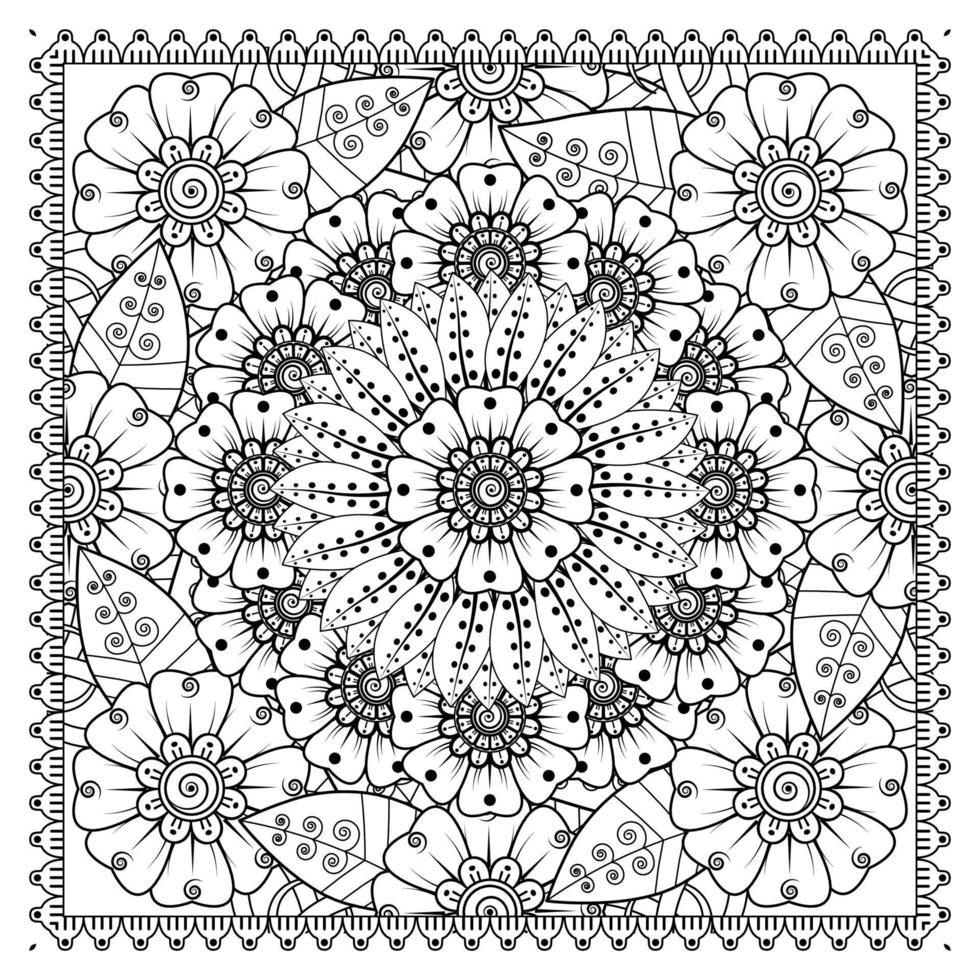 Outline square flower pattern in mehndi style for coloring book page vector