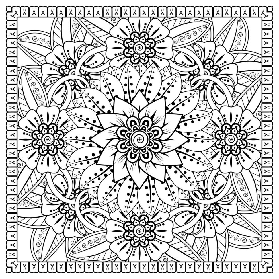 Outline square flower pattern in mehndi style for coloring book page vector