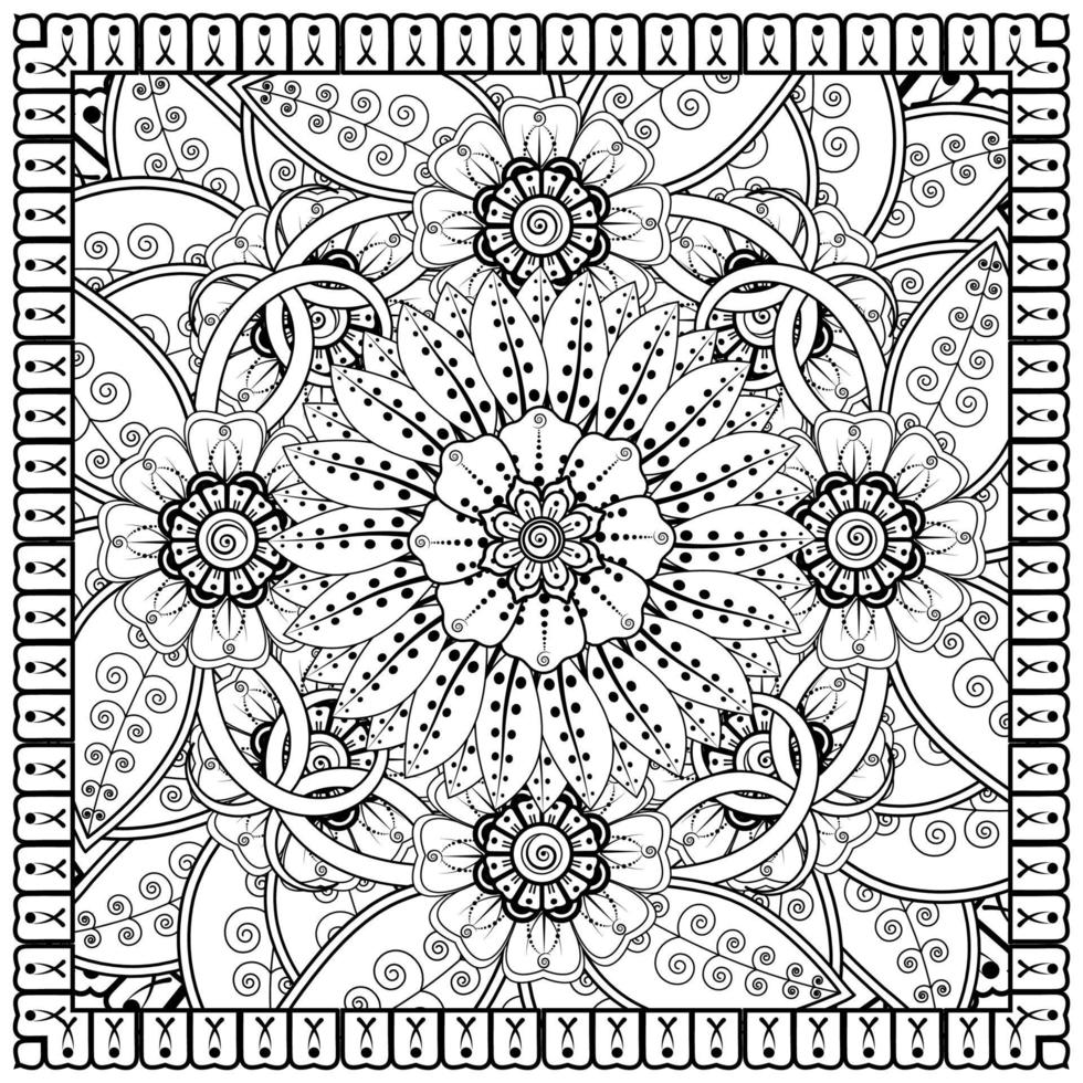 Outline square flower pattern in mehndi style for coloring book page vector