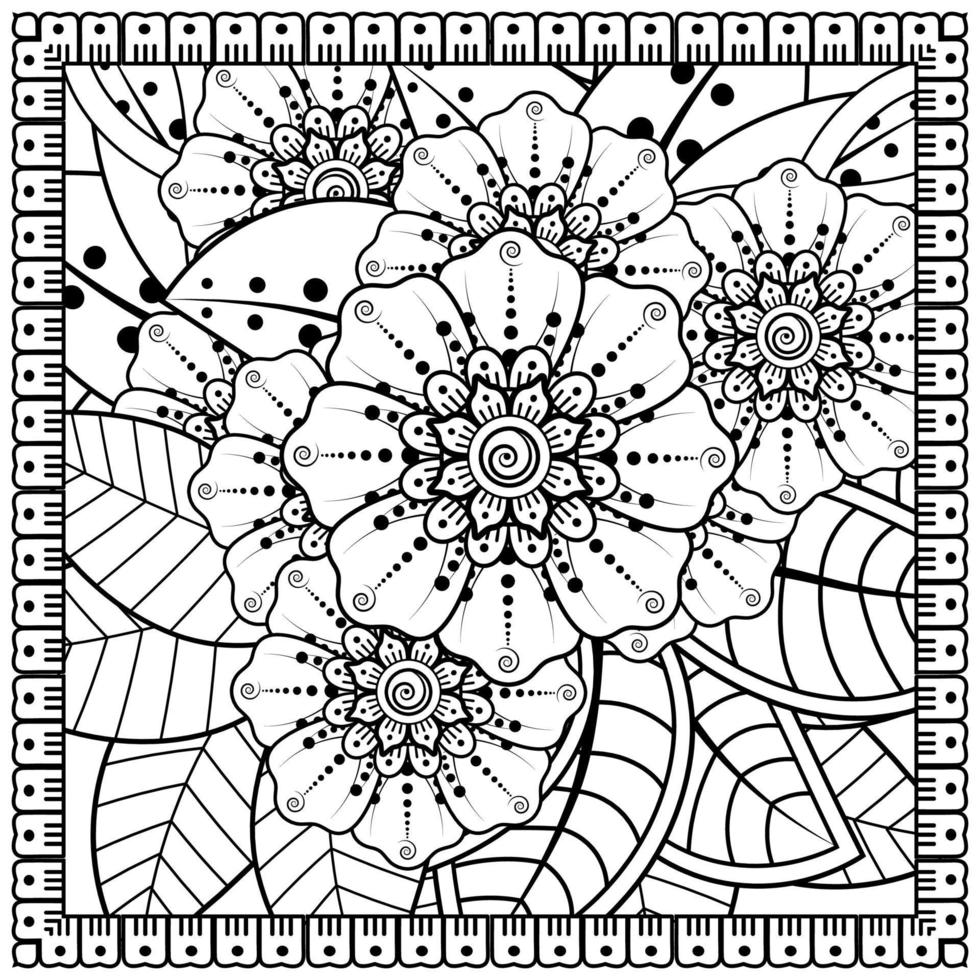 Esquema de patrón de flores cuadradas en estilo mehndi para colorear la página del libro vector