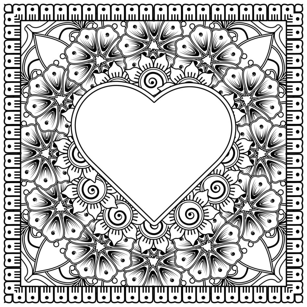 mehndi flower with frame in shape of heart. decoration in ethnic oriental, doodle ornament. vector
