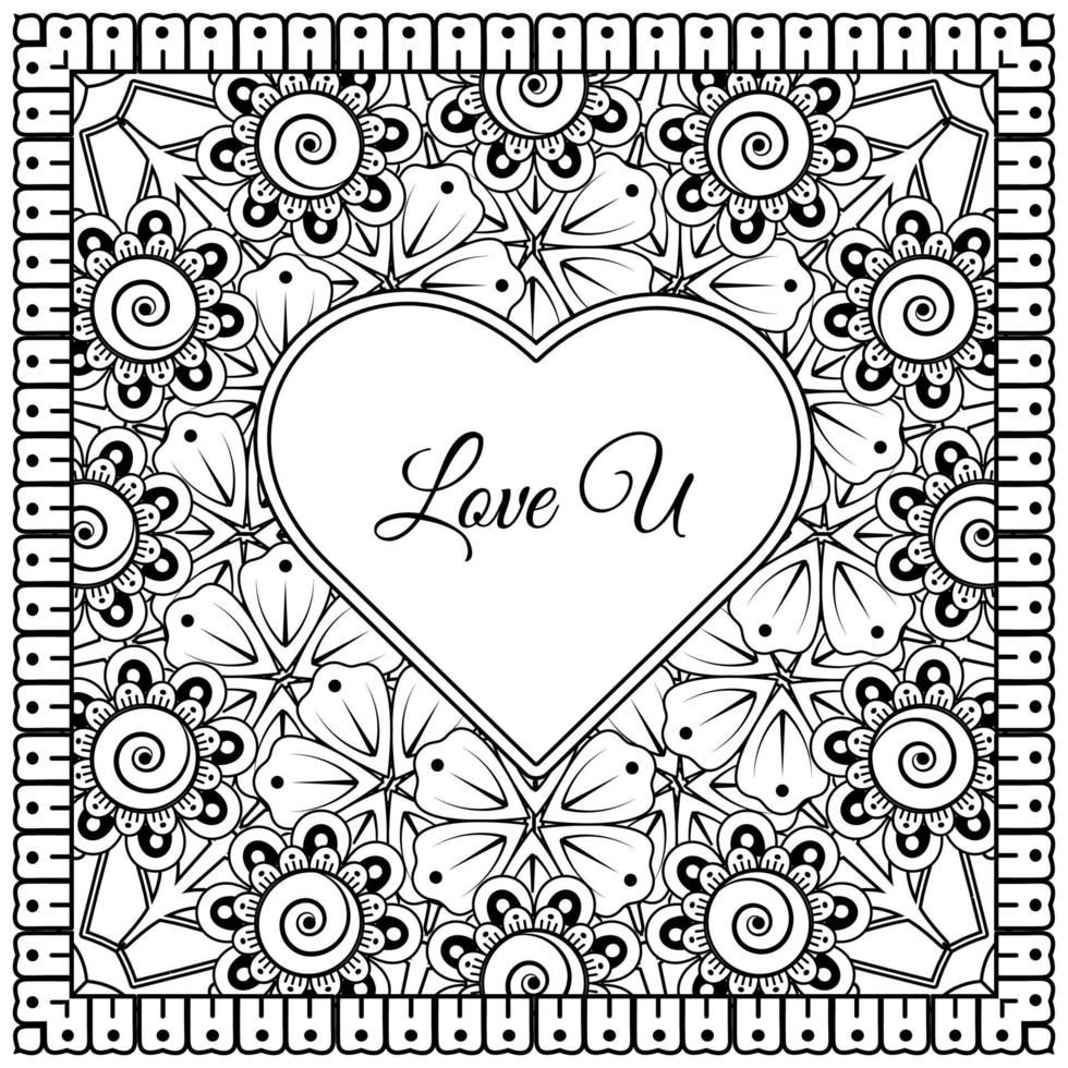 mehndi flower with frame in shape of heart. decoration in ethnic oriental, doodle ornament. vector