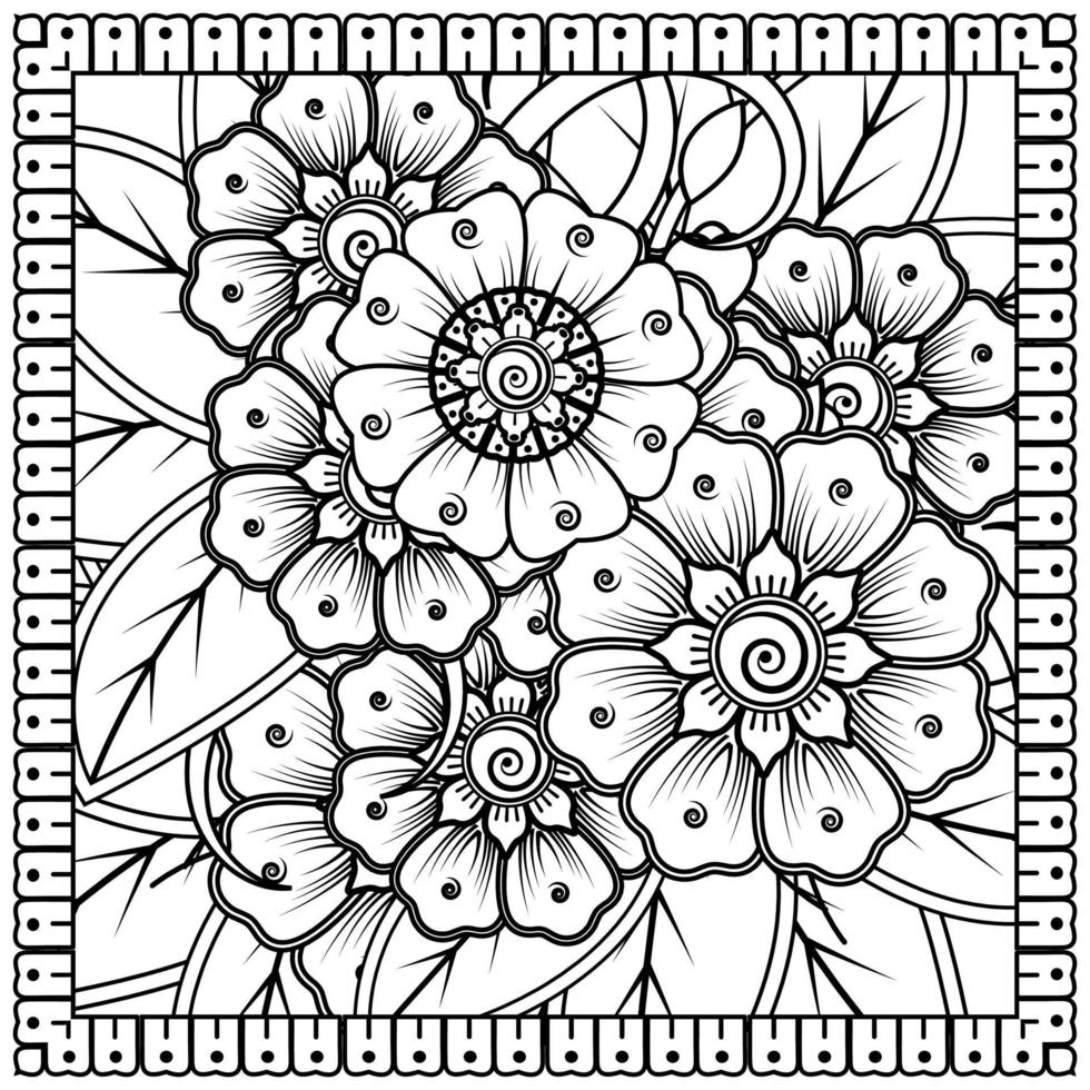 Outline square flower pattern in mehndi style for coloring book page vector