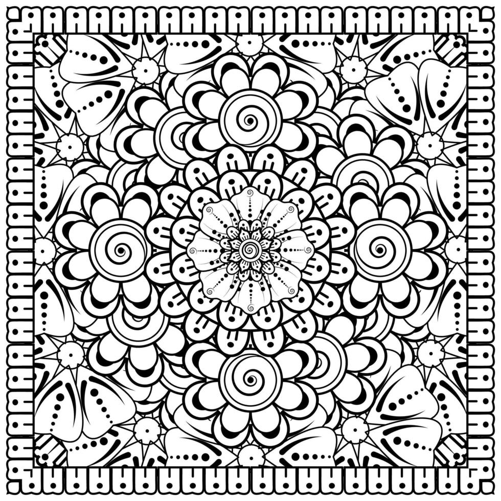 Outline square flower pattern in mehndi style for coloring book page vector