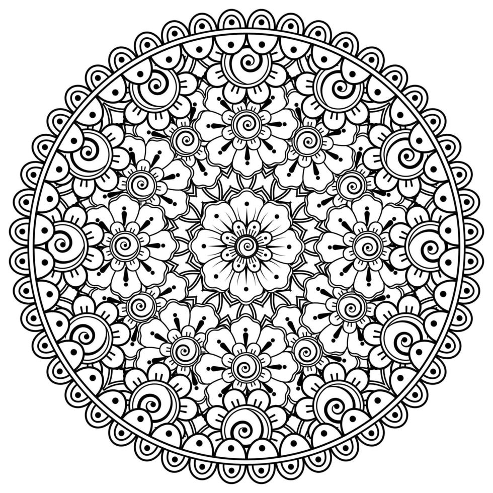 adorno decorativo de flores mehndi en estilo étnico oriental, adorno de doodle, dibujo a mano de contorno. página de libro para colorear. vector