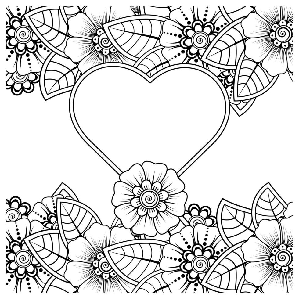 flor mehndi con marco en forma de corazón. decoración en adornos étnicos orientales, doodle. vector