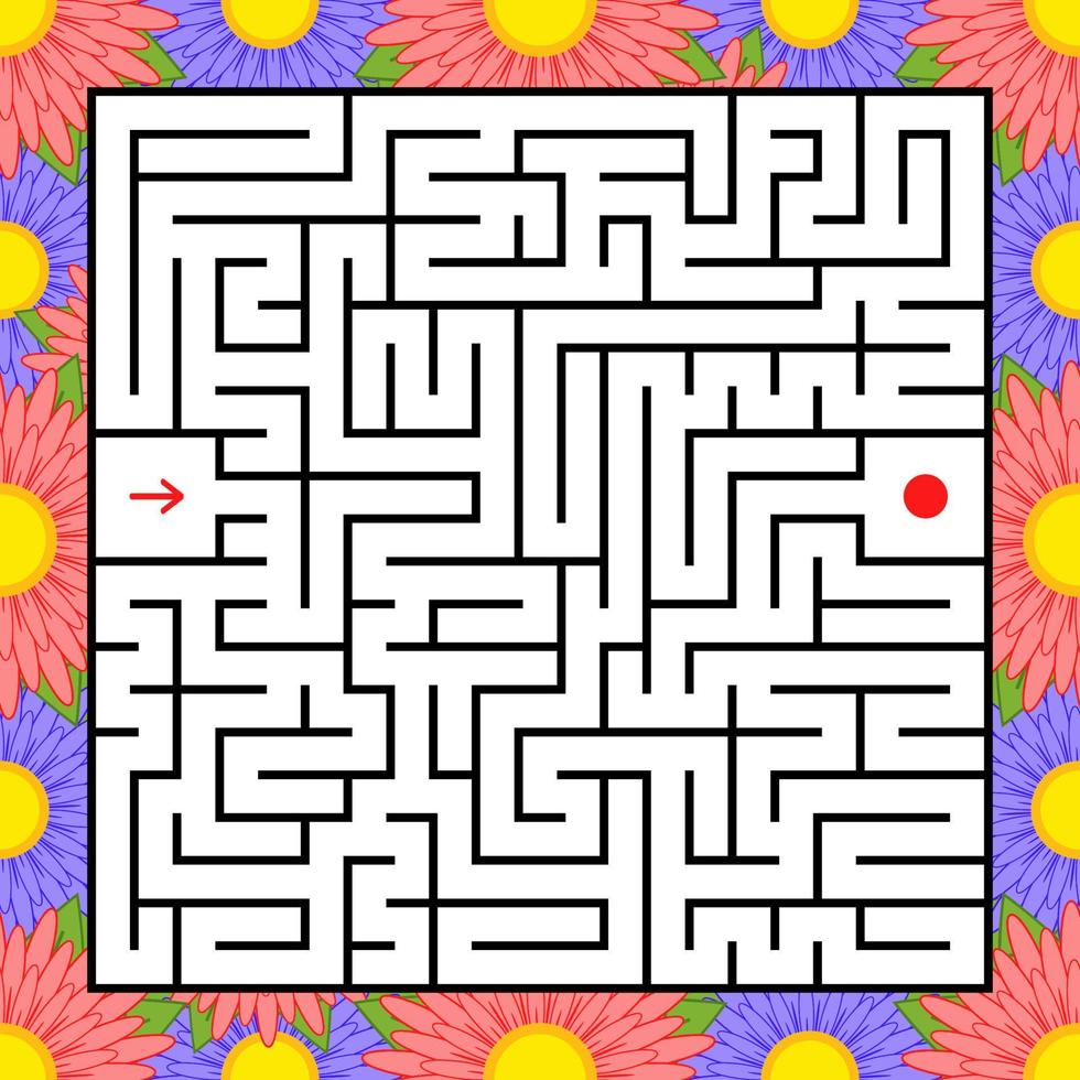 Abstract square maze. An interesting and useful game for children. Find the path from arrow to heart. Simple flat vector illustration isolated on white background. With a bright floral frame.
