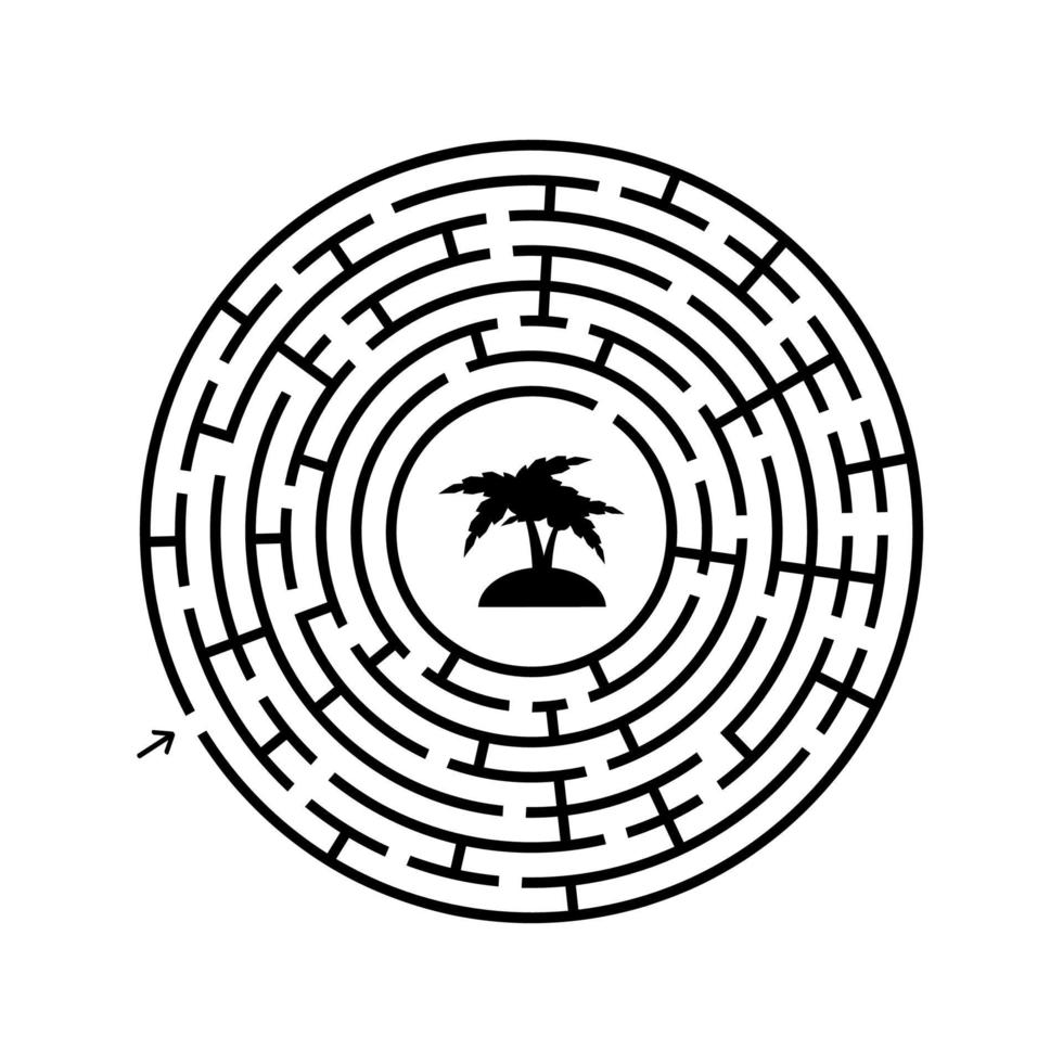 Black round labyrinth with entrance and exit. An interesting and useful game for children. Simple flat vector illustration isolated on white background.