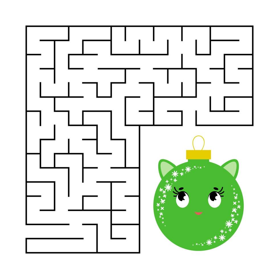 Abstract square maze with a cute color cartoon character. Beautiful Christmas balls. An interesting and useful game for children. Simple flat vector illustration isolated on white background.