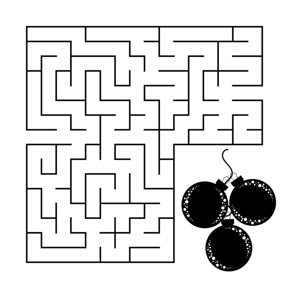 Abstract square maze with a black and white picture. Christmas balls. An interesting and useful game for children. Simple flat vector illustration isolated on white background.