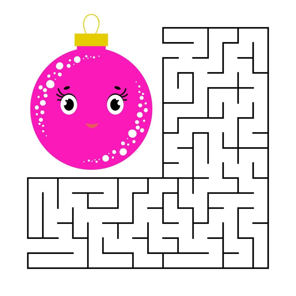 Abstract square maze with a cute color cartoon character. Beautiful Christmas balls. An interesting and useful game for children. Simple flat vector illustration isolated on white background.