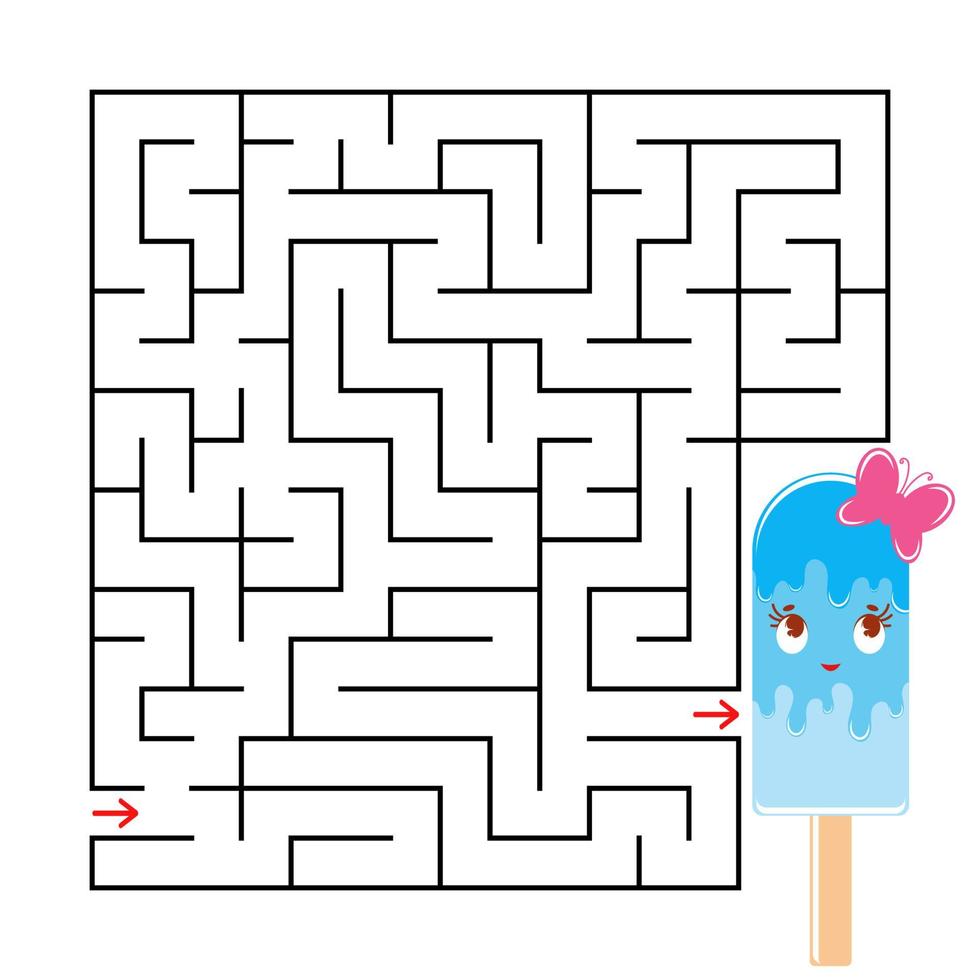 Abstract square maze with a cute color cartoon character. Funny ice