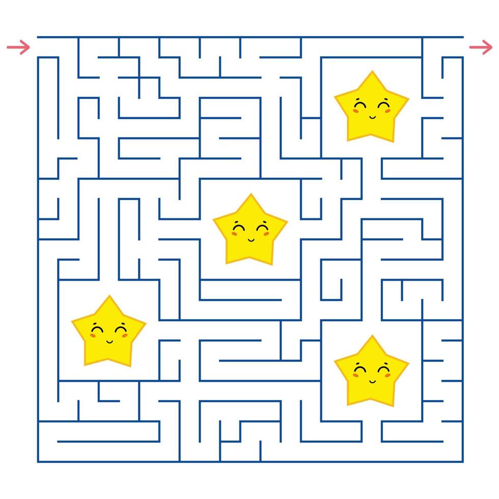 Abstract square maze. An interesting and useful game for children. Collect all the stars. Simple flat vector illustration isolated on white background.