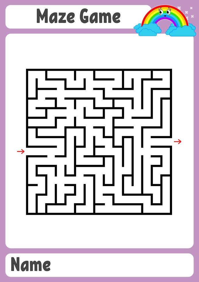 Abstract square maze. Kids worksheets. Game puzzle for children. Funny rainbow on a colored background. One entrances, one exit. Labyrinth conundrum. Vector illustration. With place for name.