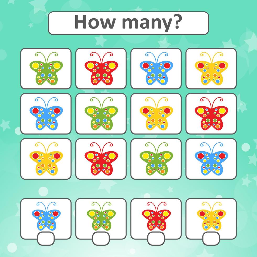 juego de conteo para niños en edad preescolar para el desarrollo de habilidades matemáticas. cuente el número de mariposas en la imagen. con un lugar para las respuestas. Ilustración de vector aislado plano simple.