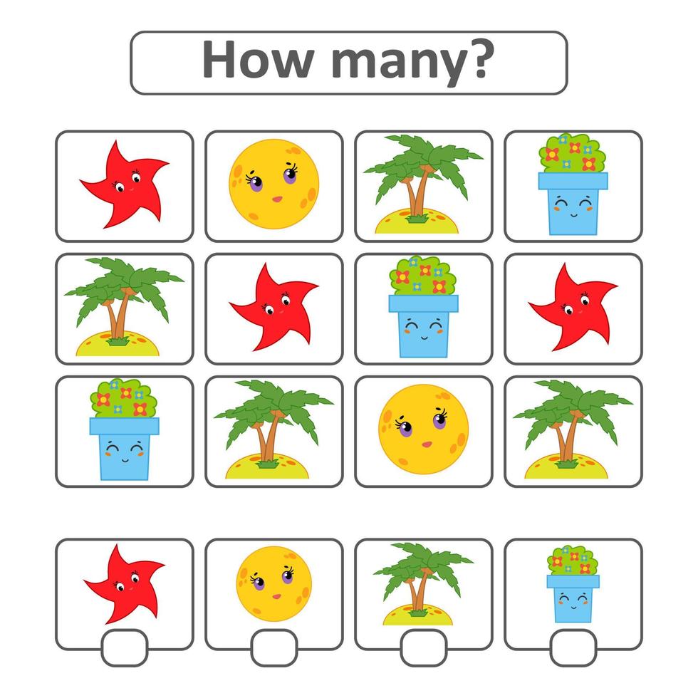 Counting game for preschool children for the development of mathematical abilities. Count the number of objects in the picture. With a place for answers. Simple flat isolated vector illustration.